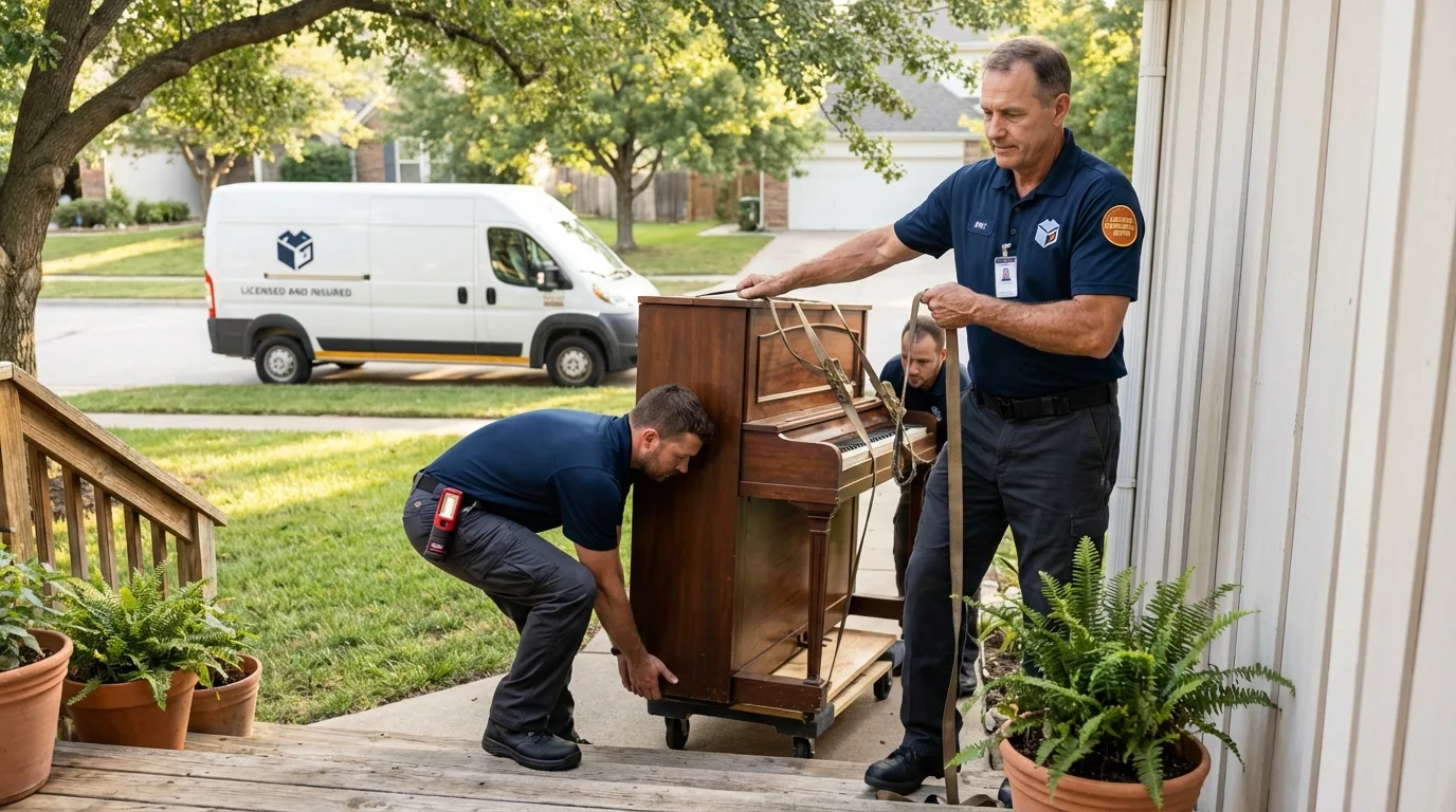 Licensed piano movers securing grand piano in Arlington, WA