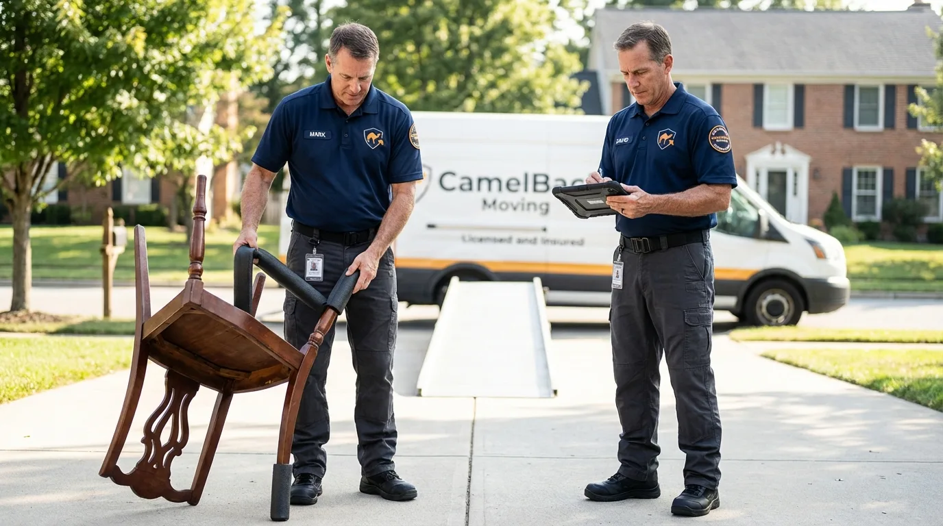 Movers inspecting furniture for damage prevention before loading in Arlington, WA