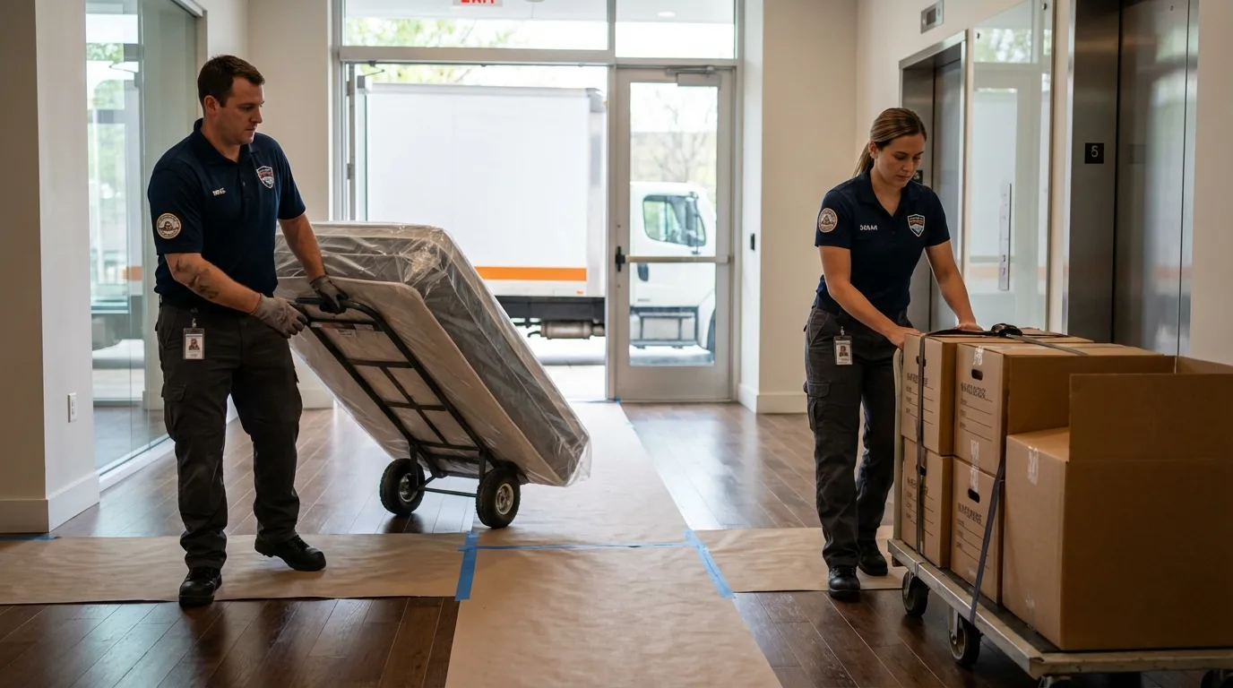 Professional apartment movers loading elevator in Arlington, WA